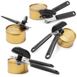 Image of Can opener and tin isolated on white, collage