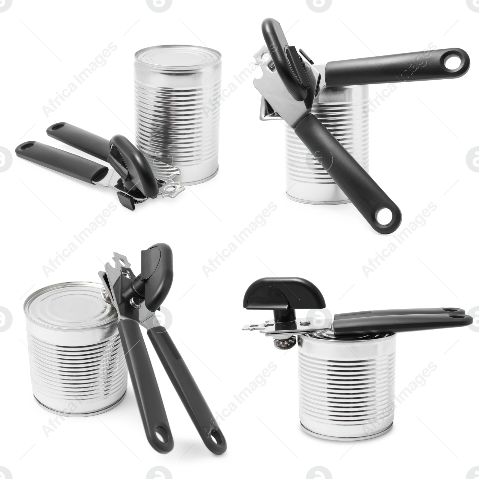 Can opener and tin isolated on white, collage Image of Can opener and tin isolated on white, collage