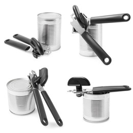 Image of Can opener and tin isolated on white, collage