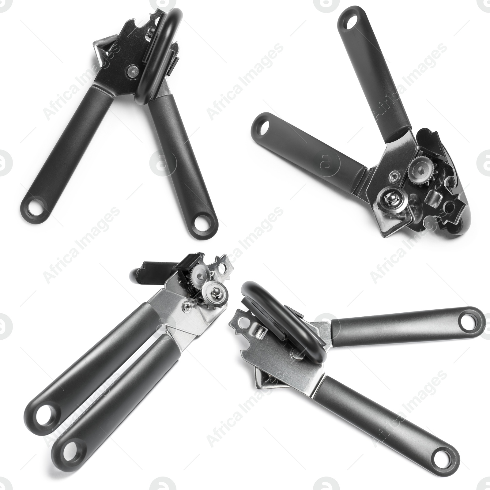 Image of Can opener isolated on white, collage. View from different sides
