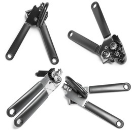 Image of Can opener isolated on white, collage. View from different sides