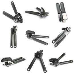 Image of Can opener isolated on white, collage. View from different sides
