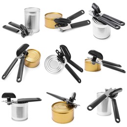 Image of Can openers and tins isolated on white, collage