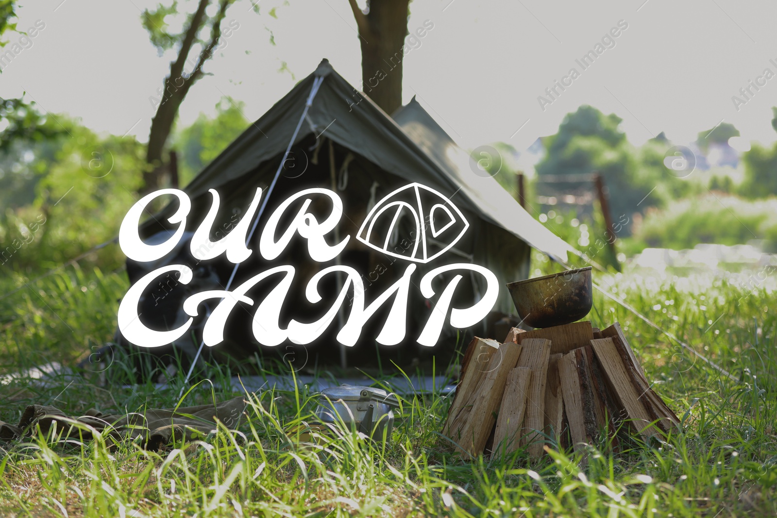 Image of Our camp, summer vacation. Tent and campfire in nature