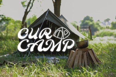 Image of Our camp, summer vacation. Tent and campfire in nature