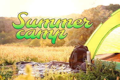 Image of Summer camp, seasonal vacation. Tent and tourist equipment in nature