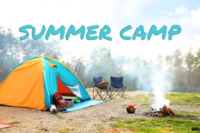 Image of Summer camp, seasonal vacation. Tent and tourist equipment in nature