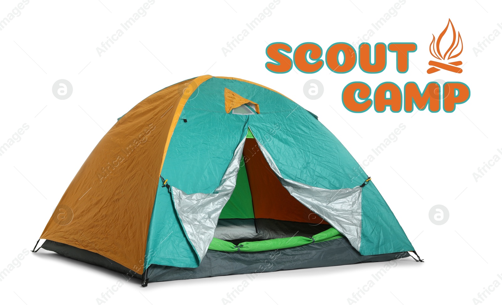 Scout camp, summer vacation. Tourist tent on white background. Inscription with illustration of campfire Image of Scout camp, summer vacation. Tourist tent on white background. Inscription with illustration of campfire