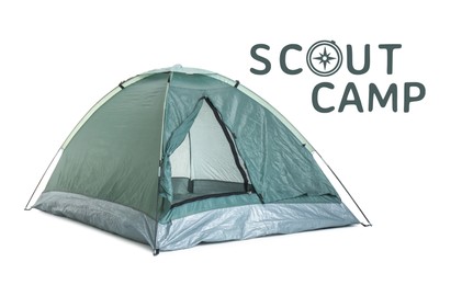 Image of Scout camp, summer vacation. Tourist tent on white background. Inscription with illustration of compass