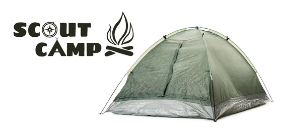 Image of Scout camp, summer vacation. Tourist tent on white background. Inscription with illustrations of campfire and compass