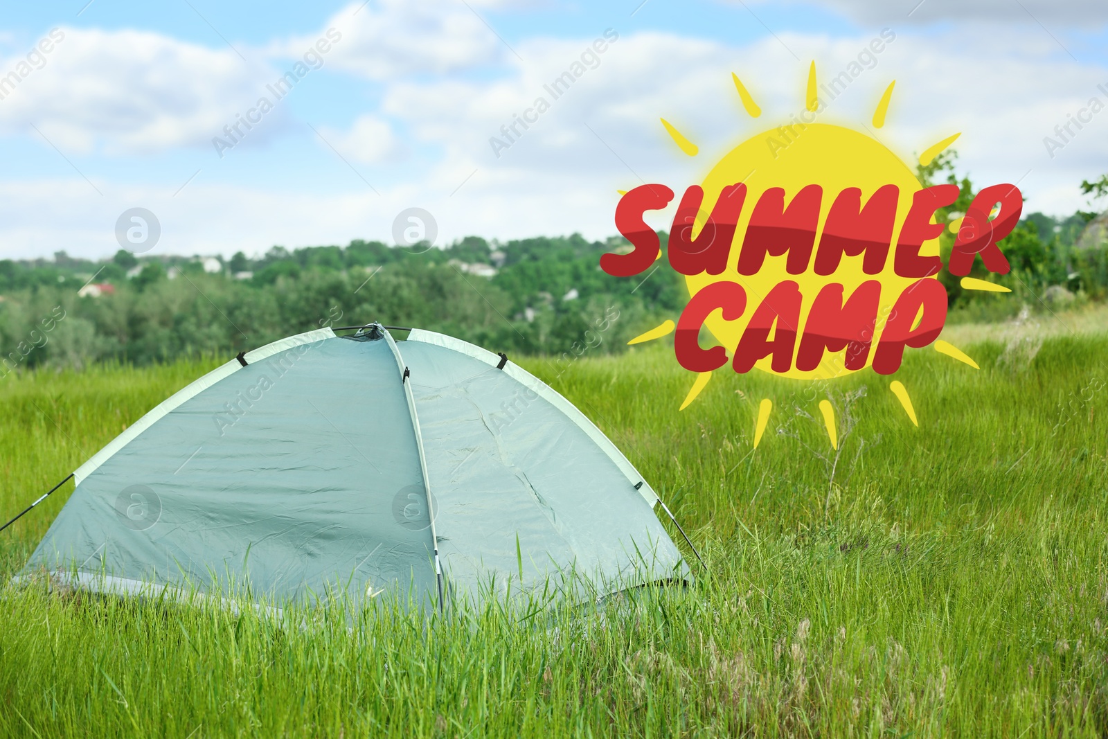 Image of Summer camp, seasonal vacation. Tourist tent in nature. Inscription with illustration of sun
