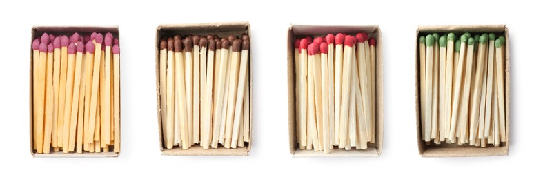 Image of Cardboard boxes with matches on white background, top view. Set
