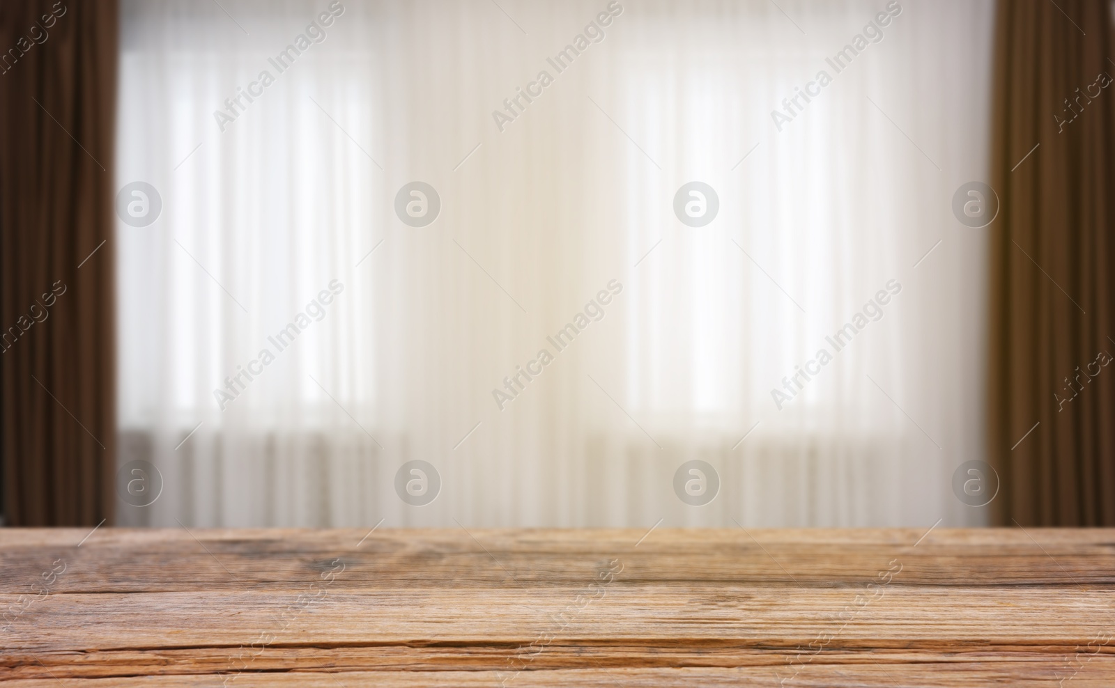 Image of Empty wooden table against windows with curtains in room, banner design
