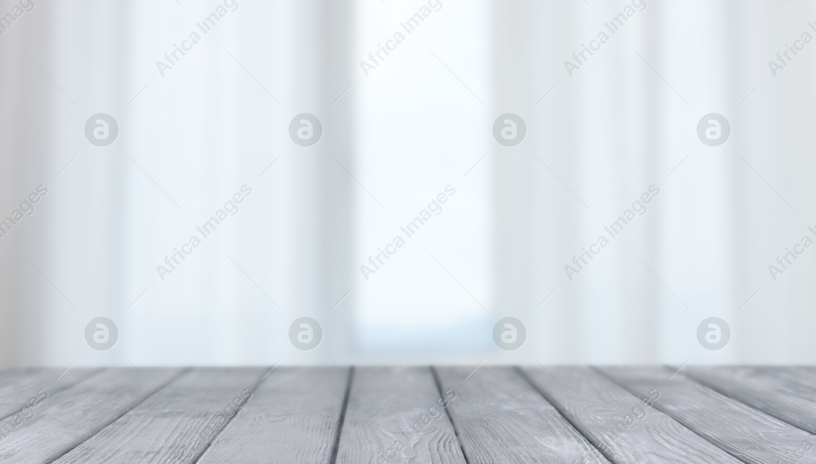 Image of Empty wooden table against window with curtains in room, banner design