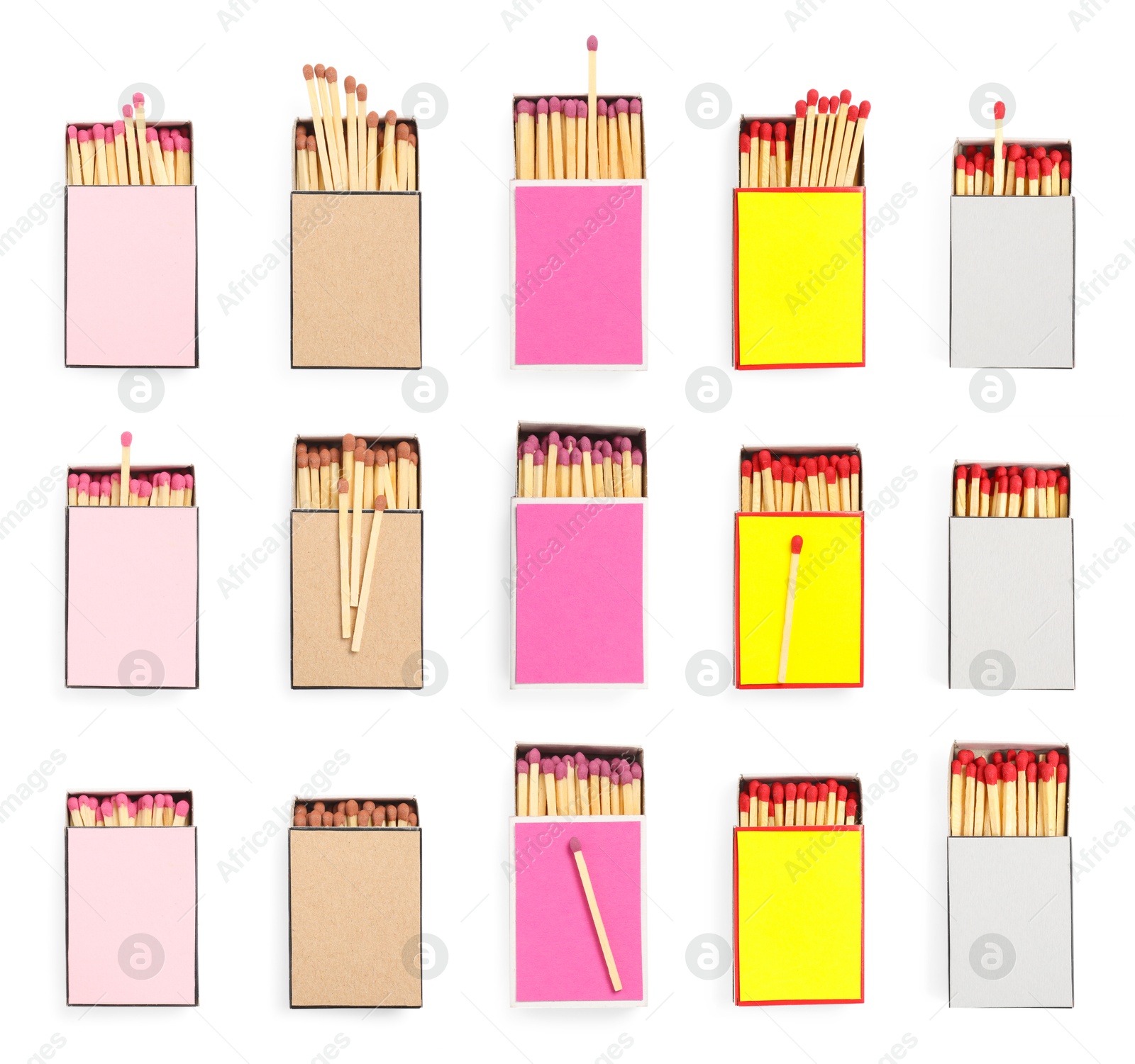 Cardboard boxes with matches on white background, top view. Set Image of Cardboard boxes with matches on white background, top view. Set