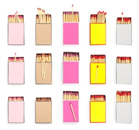 Image of Cardboard boxes with matches on white background, top view. Set