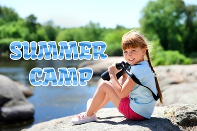 Image of Summer camp, seasonal vacation. Little girl with binoculars in nature