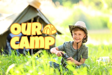 Image of Our camp, summer vacation. Little boy with flask sitting by tent in nature
