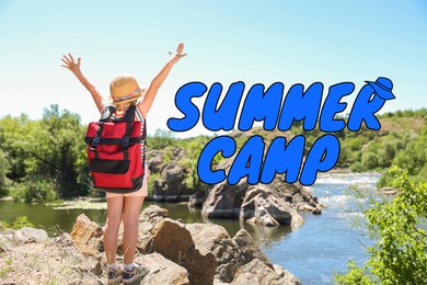 Image of Summer camp, seasonal vacation. Little girl with backpack on rock near river
