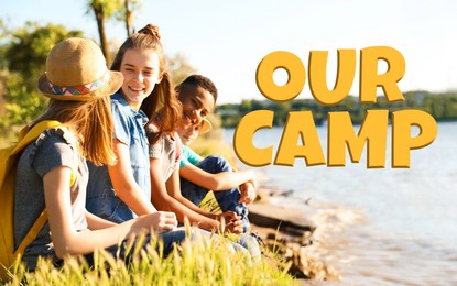 Image of Our camp, summer vacation. Group of children with backpacks on coast