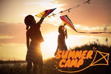 Image of Summer camp, seasonal vacation. Children playing with kites in nature at sunset