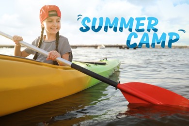 Image of Summer camp, seasonal vacation. Happy girl kayaking on river