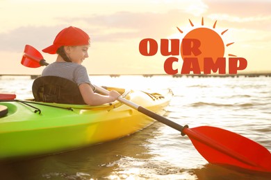 Image of Our camp, summer vacation. Happy girl kayaking on river