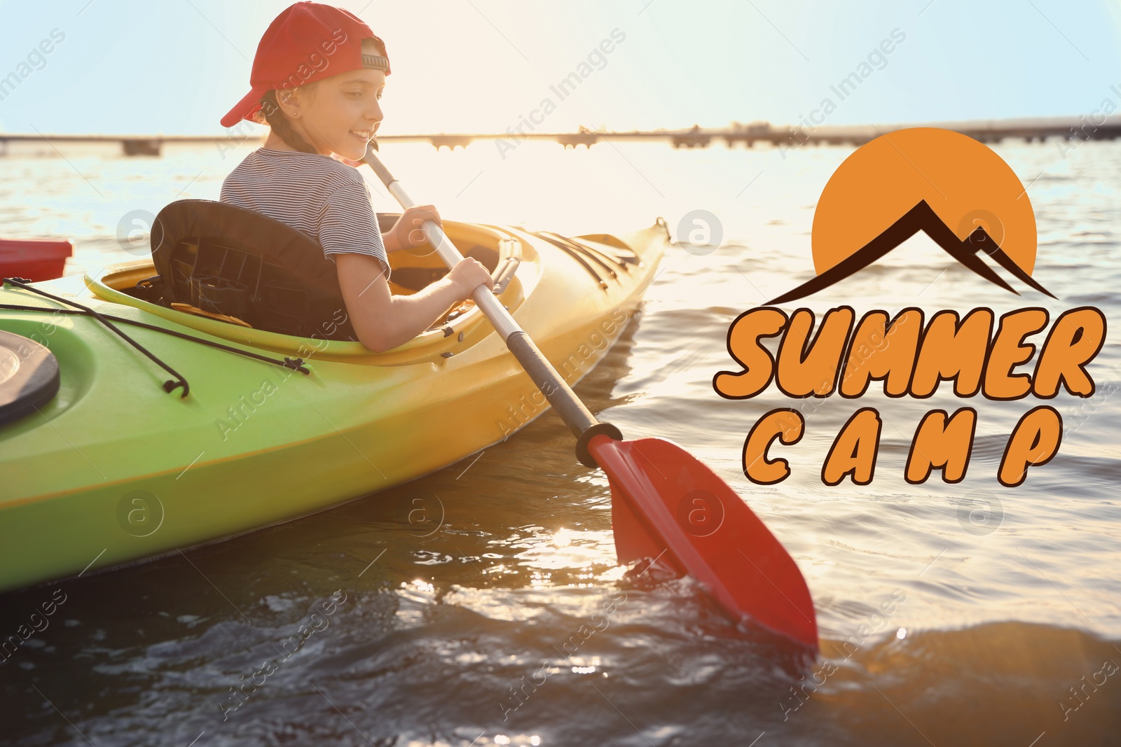 Summer camp, seasonal vacation. Happy little girl kayaking on river Image of Summer camp, seasonal vacation. Happy little girl kayaking on river