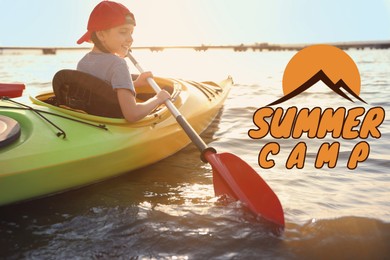 Image of Summer camp, seasonal vacation. Happy little girl kayaking on river