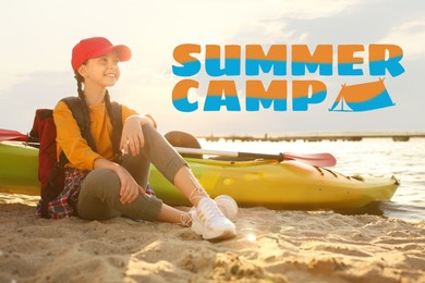 Image of Summer camp, seasonal vacation. Happy girl sitting by kayak on river shore