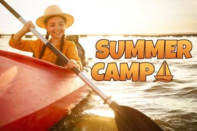 Image of Summer camp, seasonal vacation. Happy little girl kayaking on river