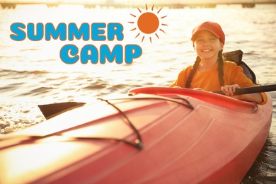 Image of Summer camp, seasonal vacation. Happy little girl kayaking on river