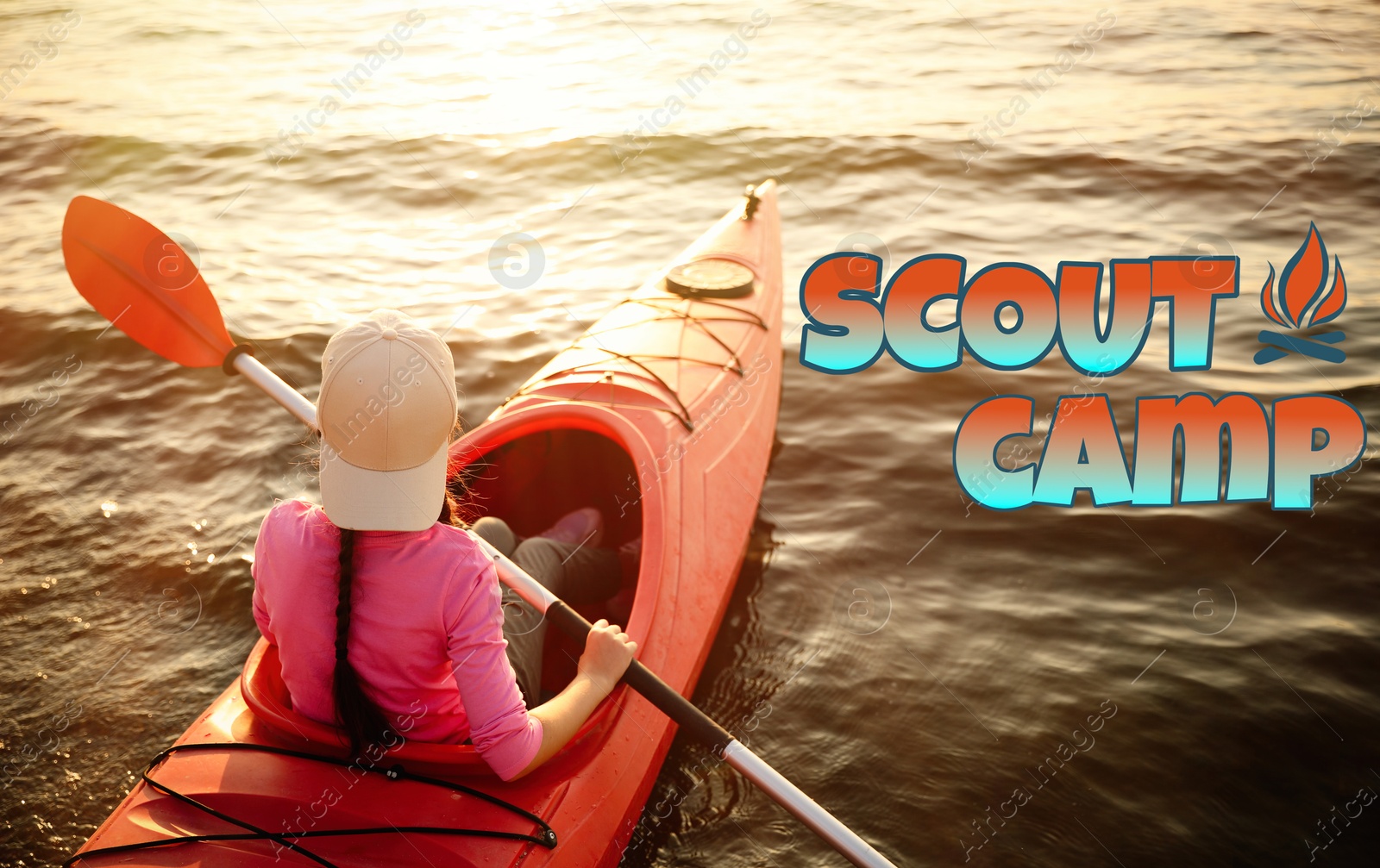 Scout camp, summer vacation. Happy little girl kayaking on river Image of Scout camp, summer vacation. Happy little girl kayaking on river