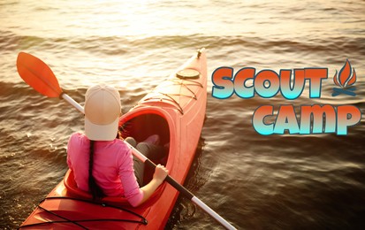 Image of Scout camp, summer vacation. Happy little girl kayaking on river