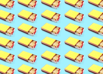 Image of Cardboard box with matches on light blue background, pattern design