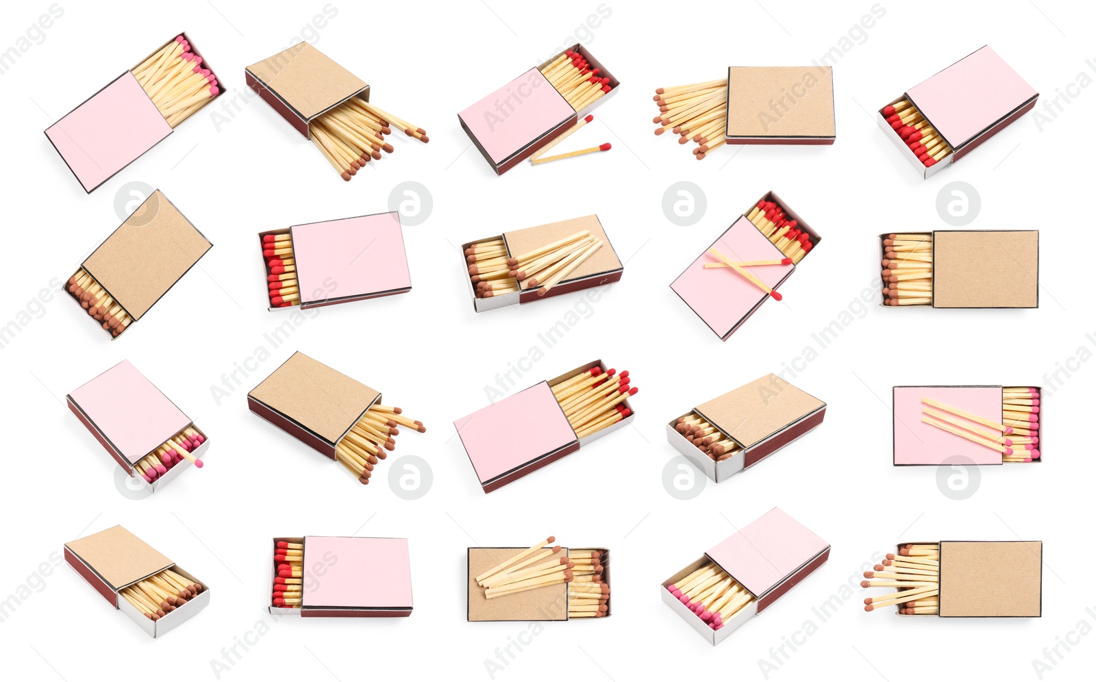 Image of Cardboard boxes with matches on white background, set