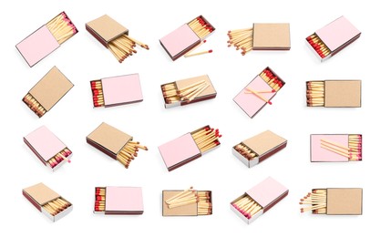 Image of Cardboard boxes with matches on white background, set