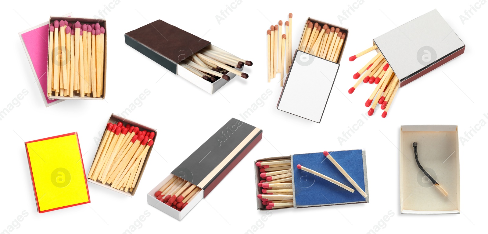 Cardboard boxes with matches on white background, set Image of Cardboard boxes with matches on white background, set
