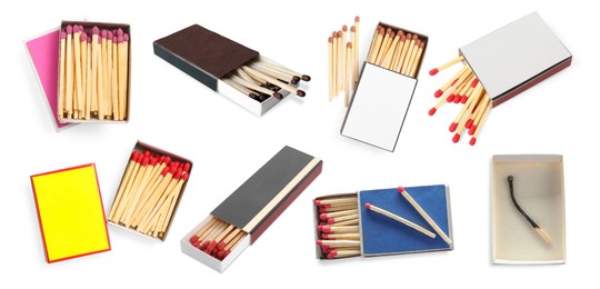 Image of Cardboard boxes with matches on white background, set
