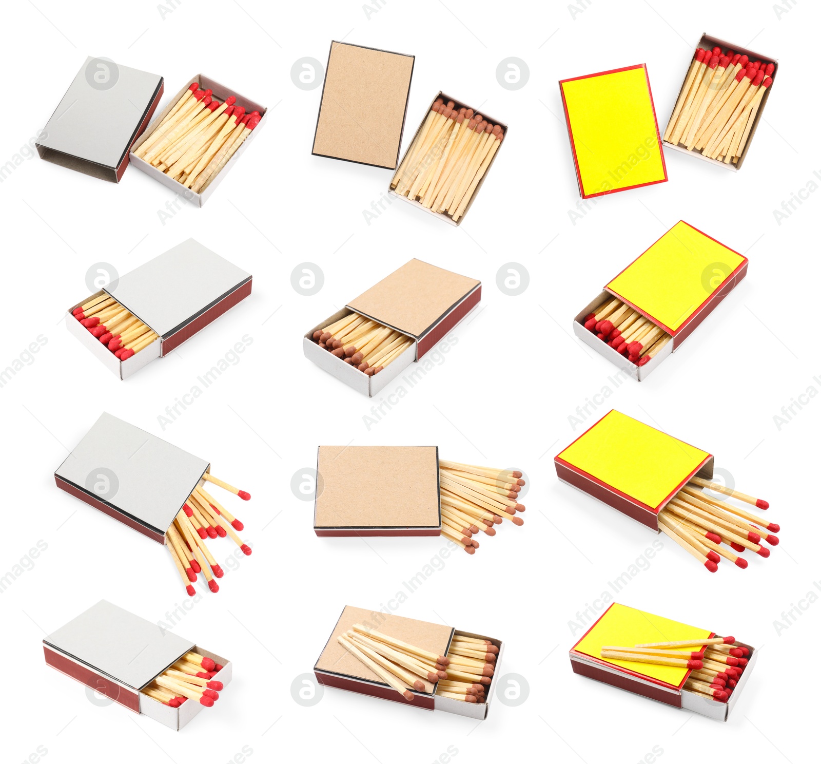 Cardboard boxes with matches on white background, set Image of Cardboard boxes with matches on white background, set