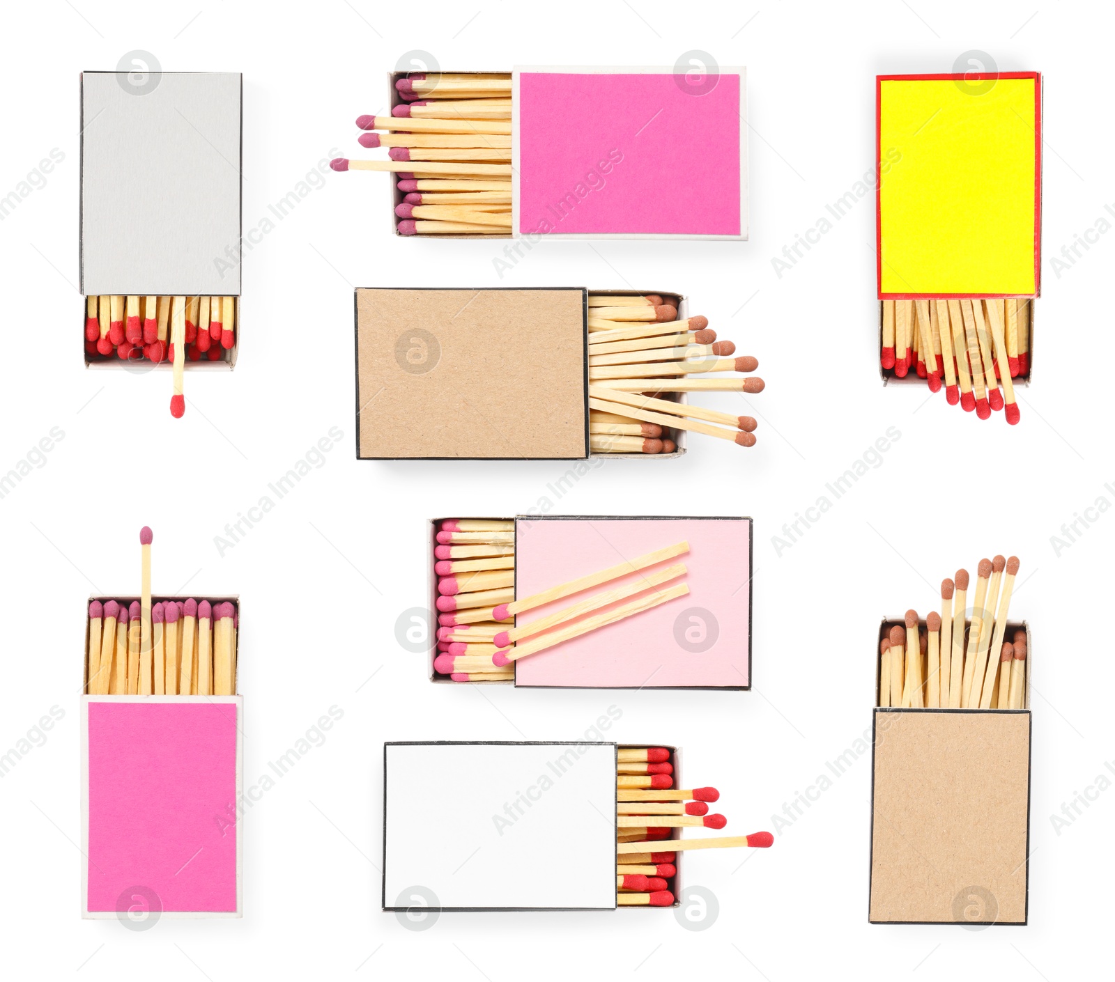 Cardboard boxes with matches on white background, set. Top view Image of Cardboard boxes with matches on white background, set. Top view