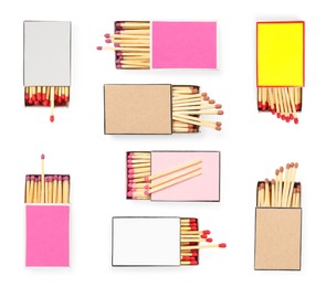 Image of Cardboard boxes with matches on white background, set. Top view