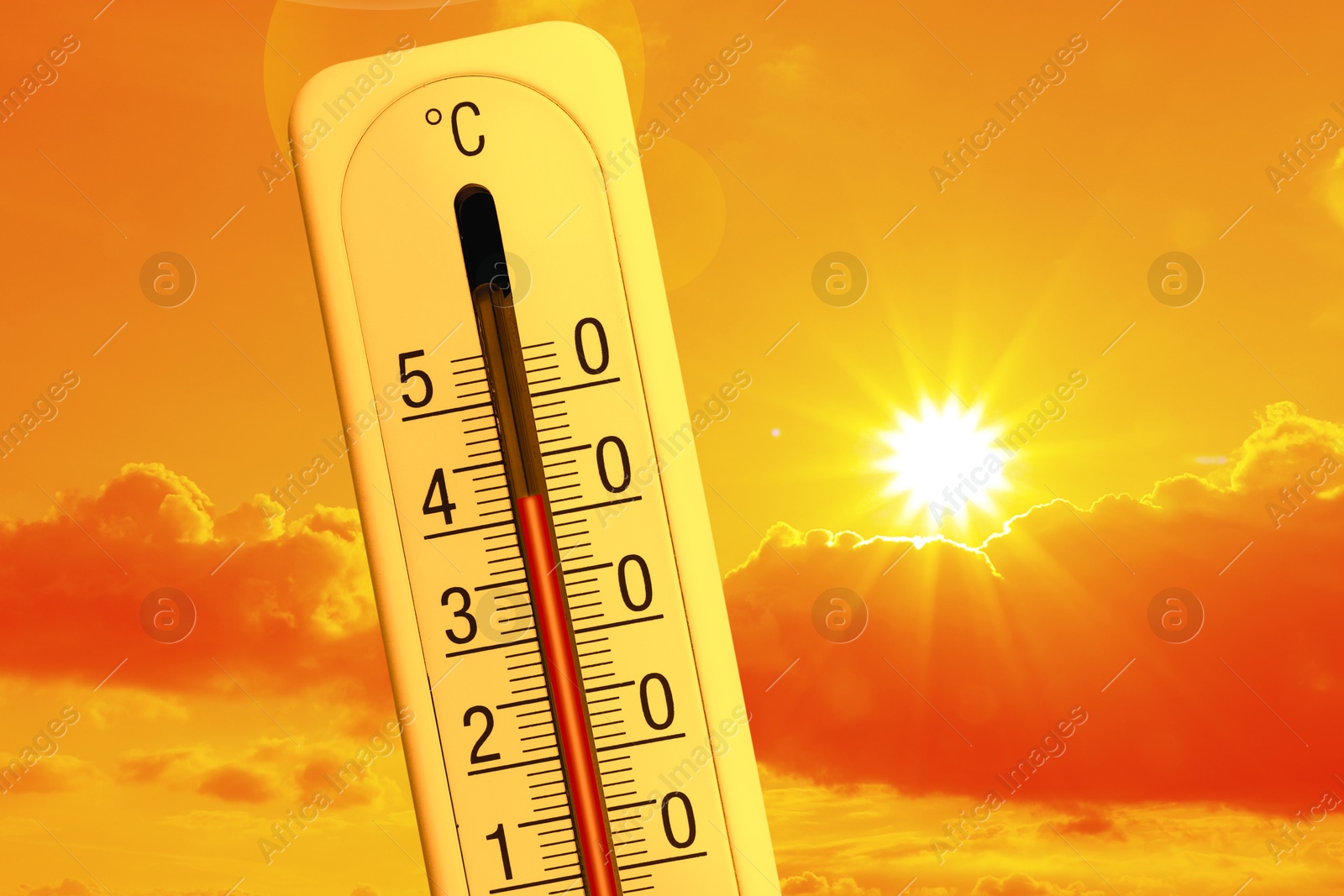 High temperature on thermometer against orange sky on sunny day. Hot summer weather Image of High temperature on thermometer against orange sky on sunny day. Hot summer weather