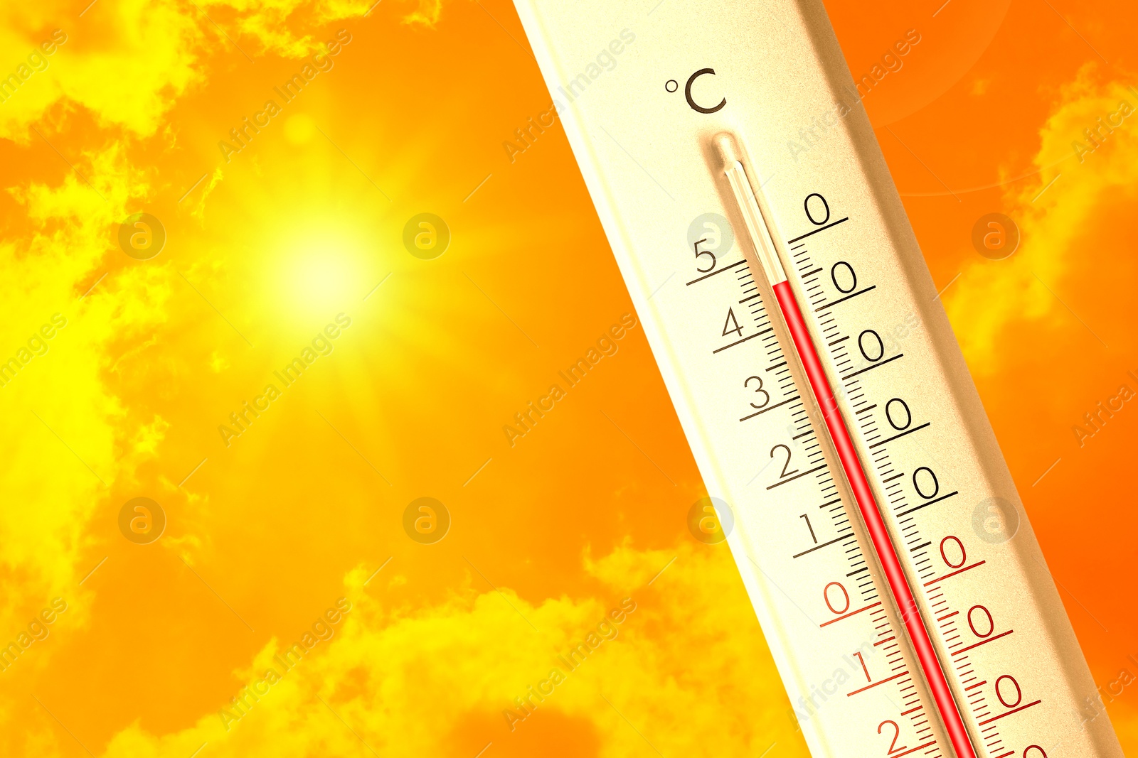Extremely high temperature on thermometer against orange sky on sunny day. Severely hot summer weather Image of Extremely high temperature on thermometer against orange sky on sunny day. Severely hot summer weather