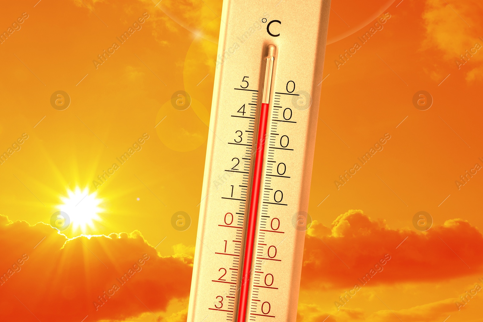 Extremely high temperature on thermometer against orange sky on sunny day. Severely hot summer weather Image of Extremely high temperature on thermometer against orange sky on sunny day. Severely hot summer weather