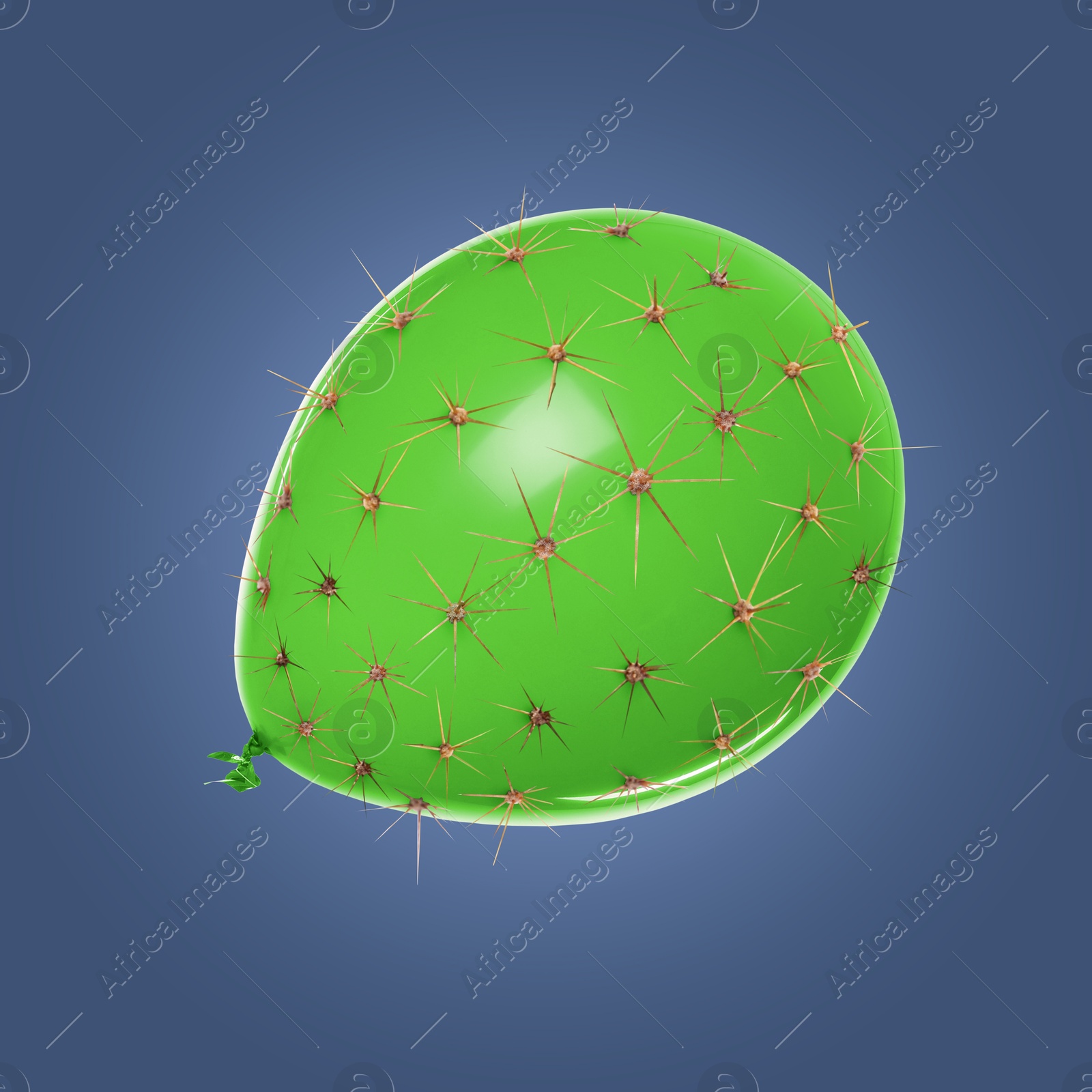 Image of Green balloon covered with cactus prickles on dark blue background
