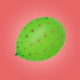 Image of Green balloon covered with cactus prickles on coral gradient background