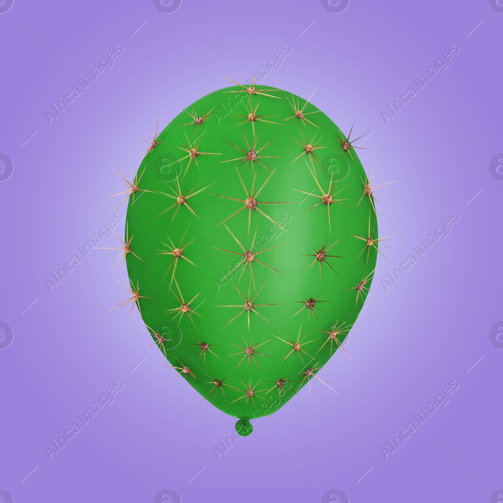Image of Green balloon covered with cactus prickles on purple gradient background