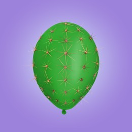 Image of Green balloon covered with cactus prickles on purple gradient background