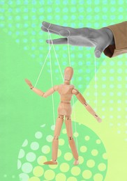Image of Woman pulling strings of puppet on color background, closeup. Creative artwork